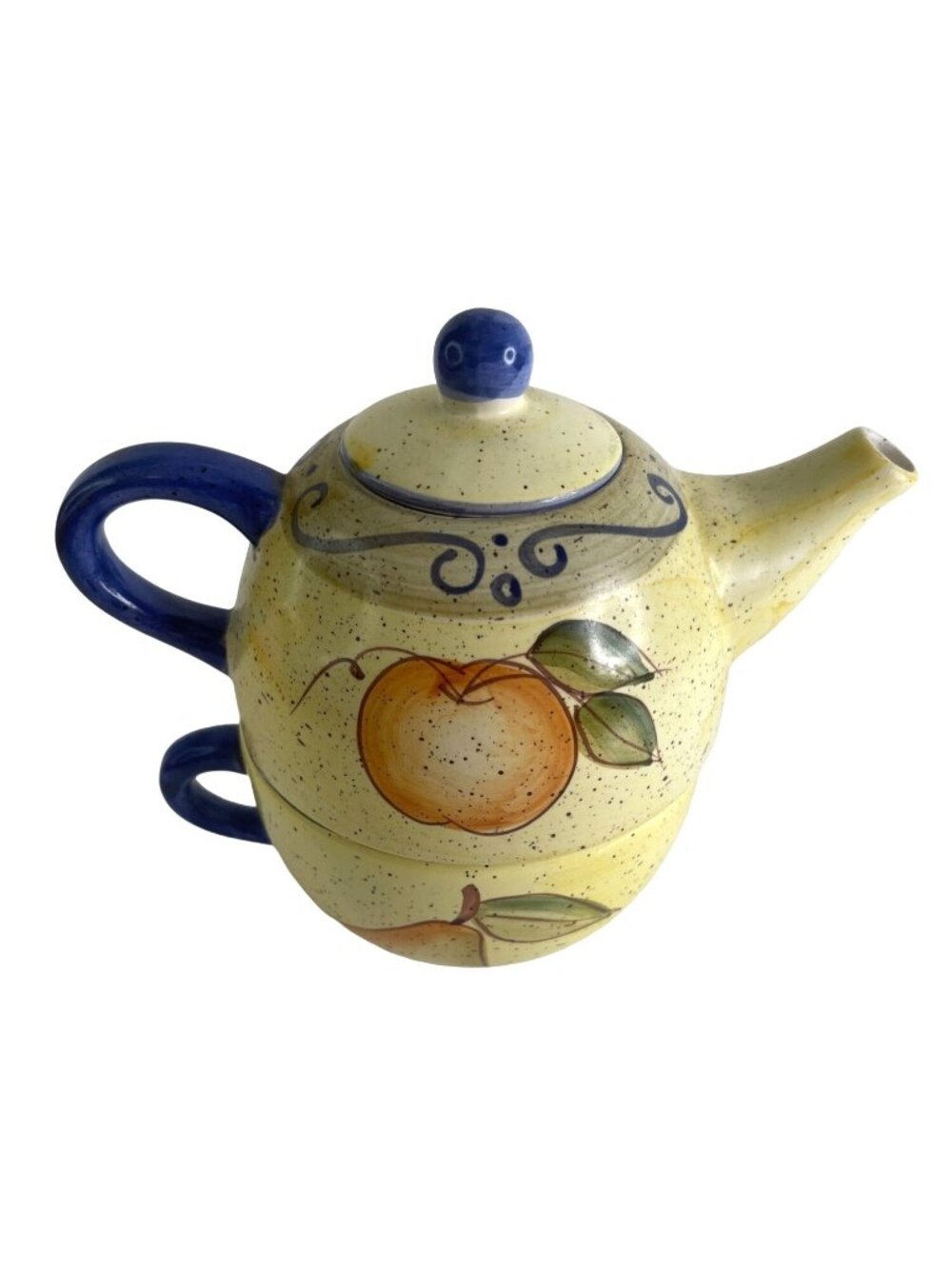 Vintage Fruit Tea for One Set Stackable Teapot and Cup Hand Painted 7" x 4.5"